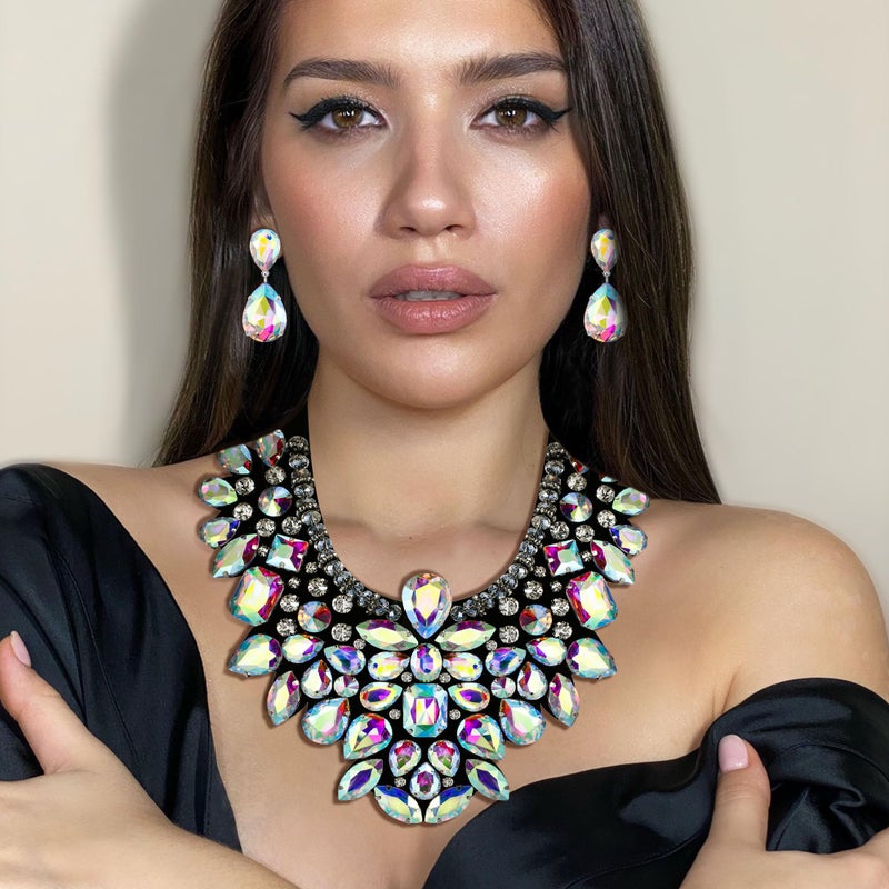 Flyonce Costume Jewelry for Women, Rhinestone Crystal Statement Necklace Earrings Set Iridescent Clear AB Silver-Tone - Image 2